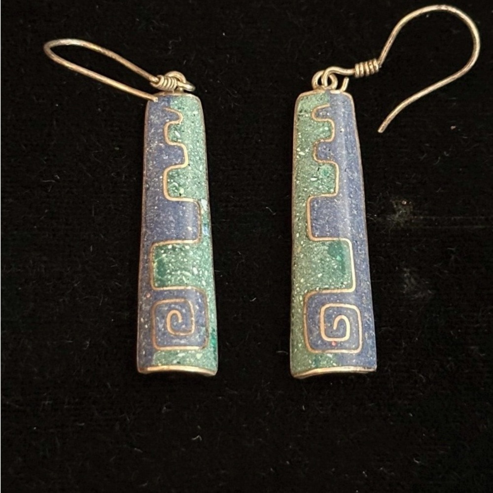 Sterling 950 Peru Blue and Green Natural Stone Dangle Earrings